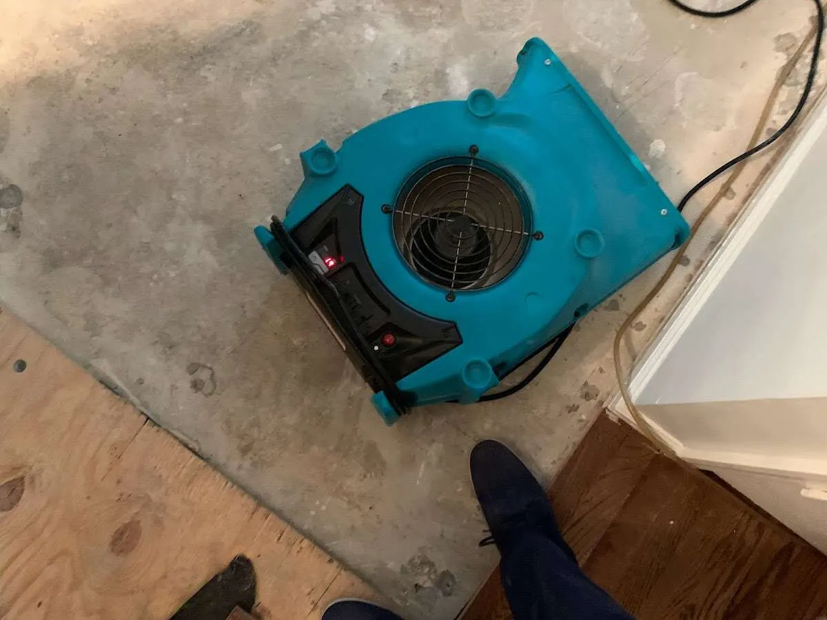 Air mover drying subfloor during Leak Detection & Repair in Orosi